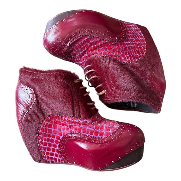 Irregular Choice Shoes - Irregular Choice Red Pony Hair, Faux Alligator and Leather Wedge Booties